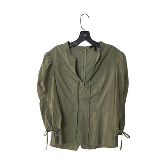 BCBGMAXAZRIA Olive Green Long Sleeve Peasant Blouse With Back Zipper & Tie Detai - Picture 2 of 8